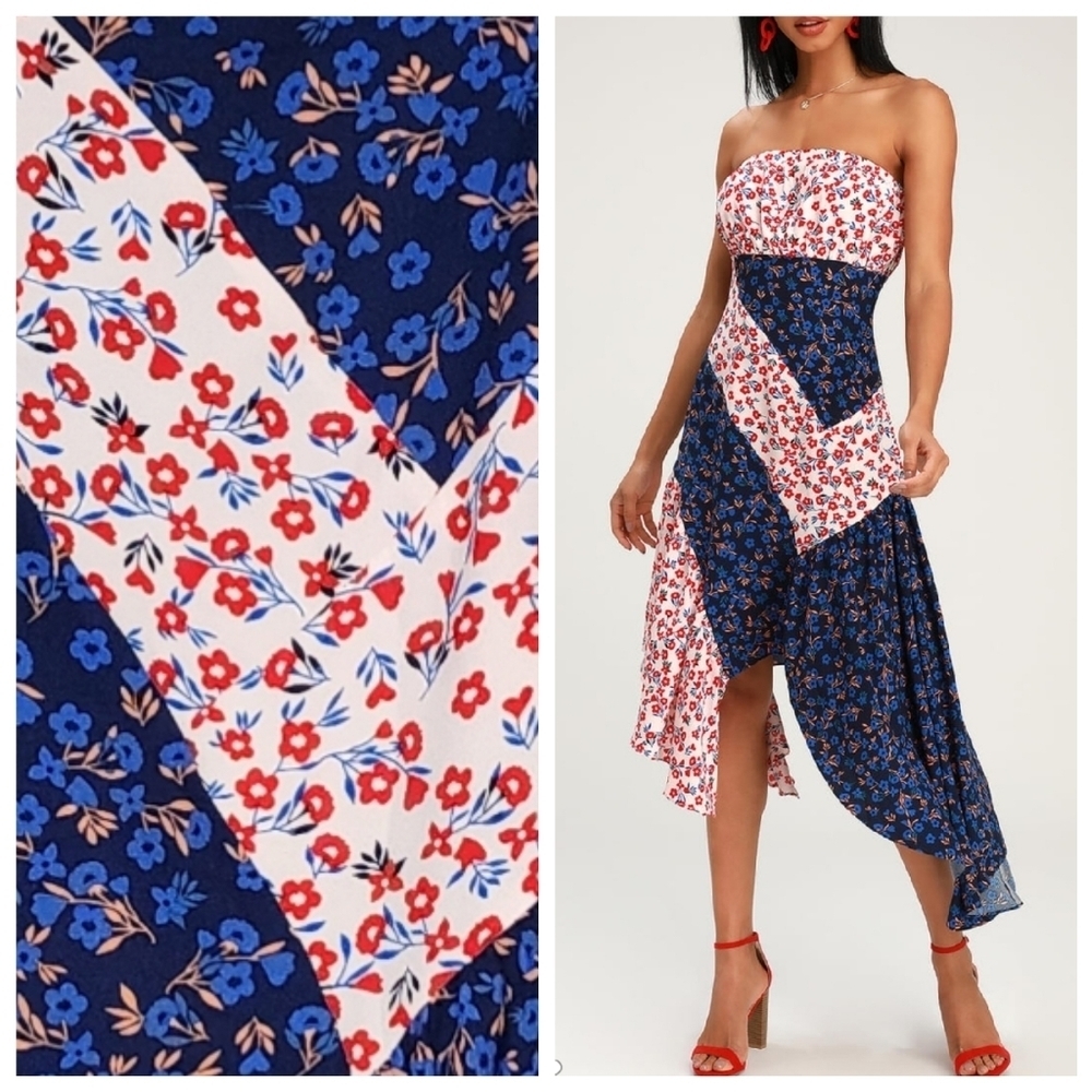 LULUS‎ Golden Hour Blush and Navy Floral Print Strapless Midi Dress. Size XS